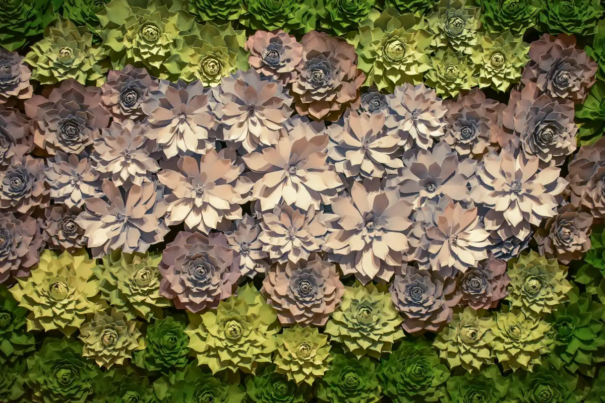 Fleurs en papier colorées décorées sur un mur pour créer un point focal