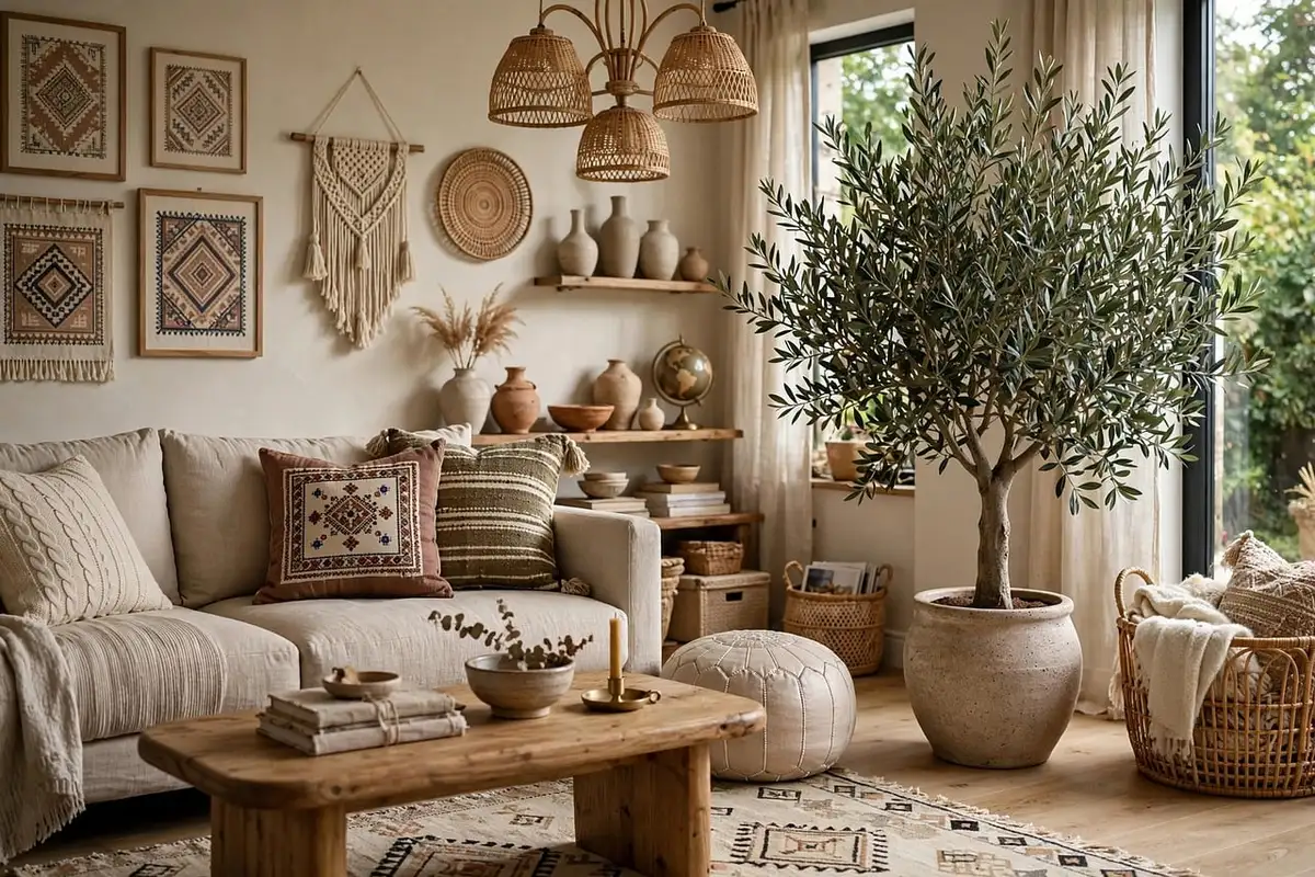 Salon cosy avec plaids et coussins aux teintes chaudes