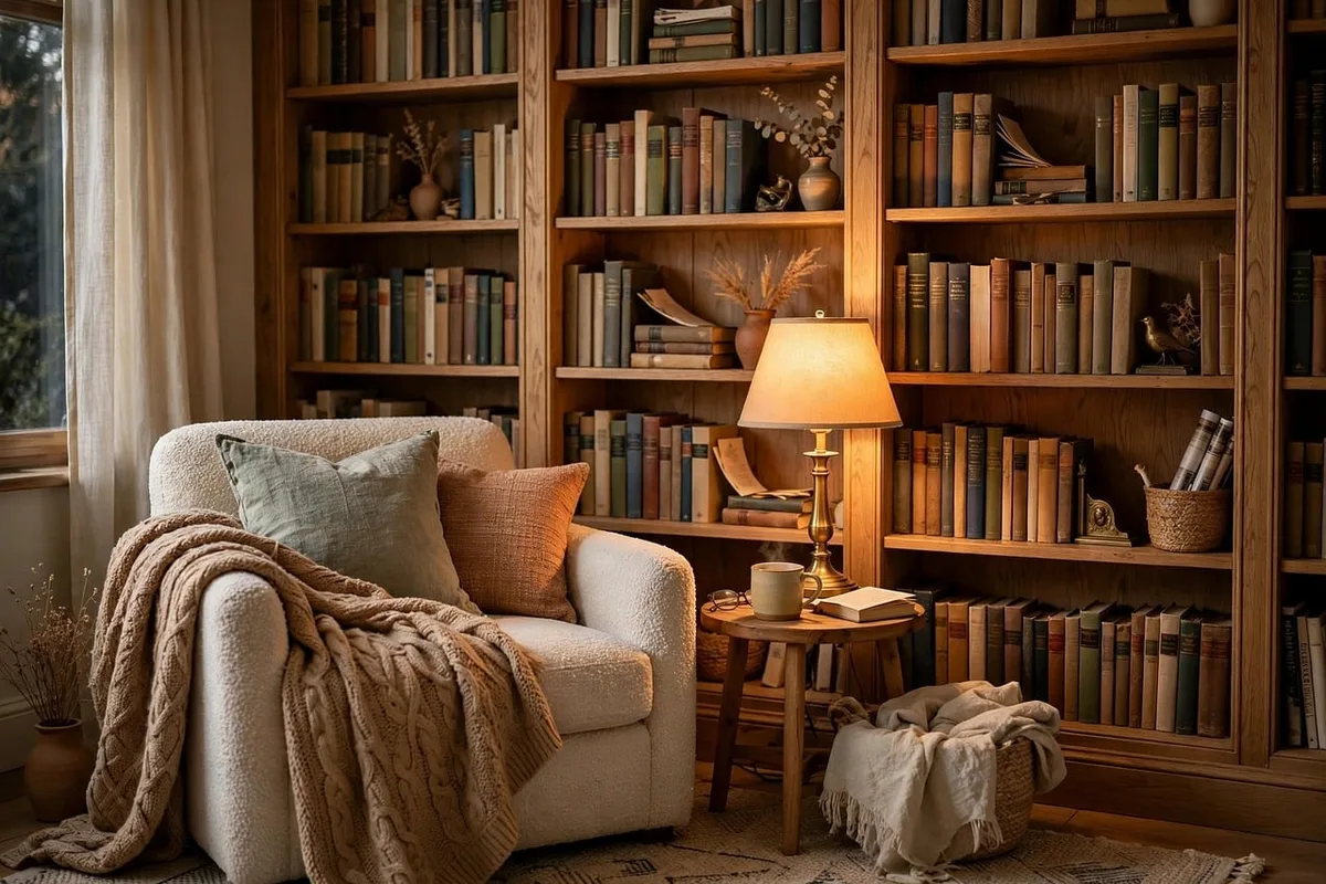 Coin lecture avec cadre au-dessus d'une table, lampe douce et plaid