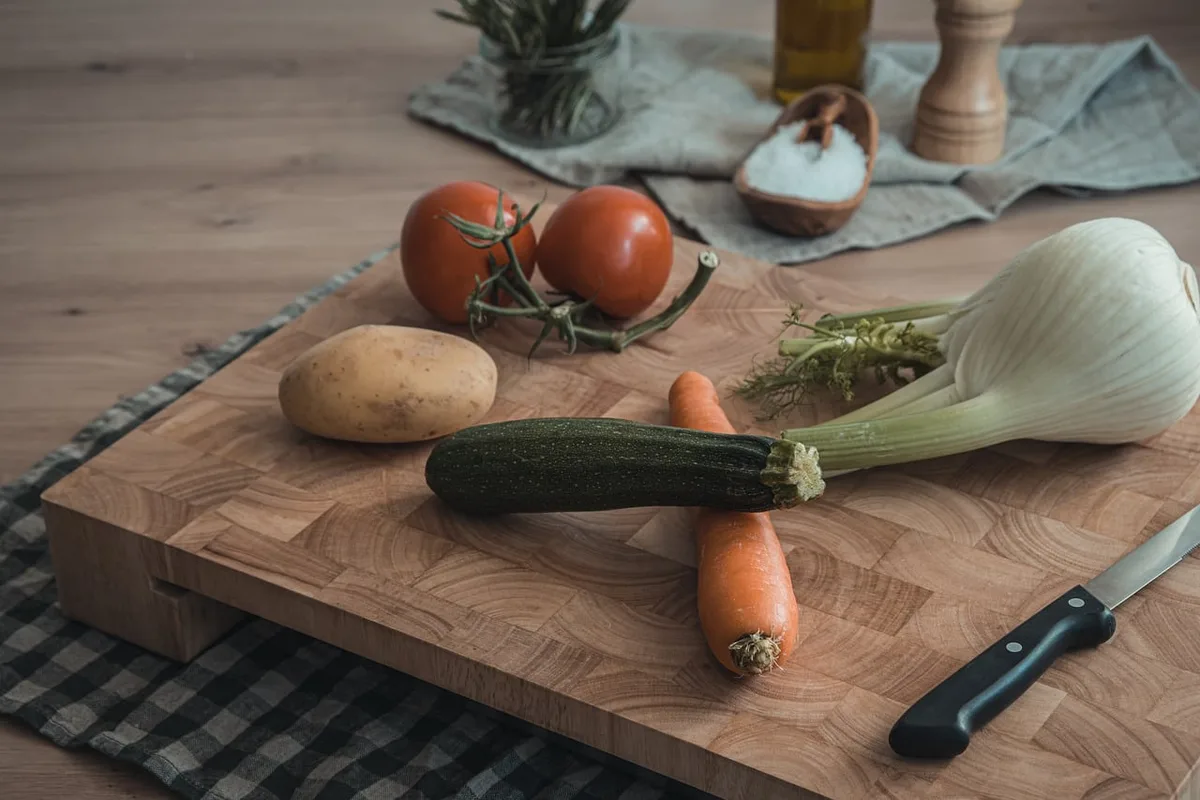 Planche en bois et cuillères sur un plan de travail ensoleillé